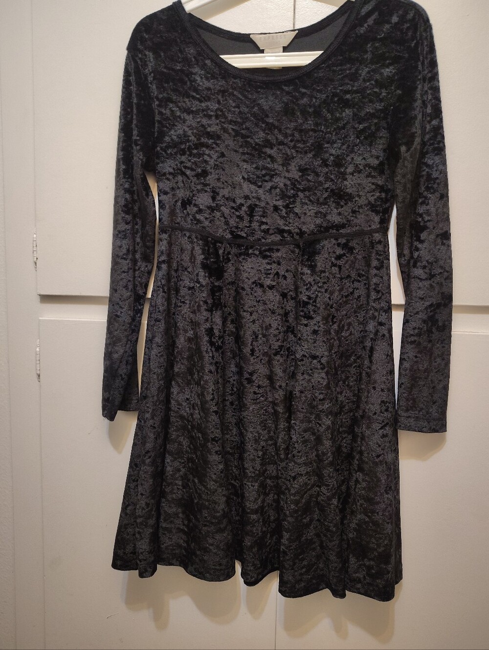 Vtg 90s Express Tricot Black Crushed Velvet Skater Dress Long Sleeve XS Witchy